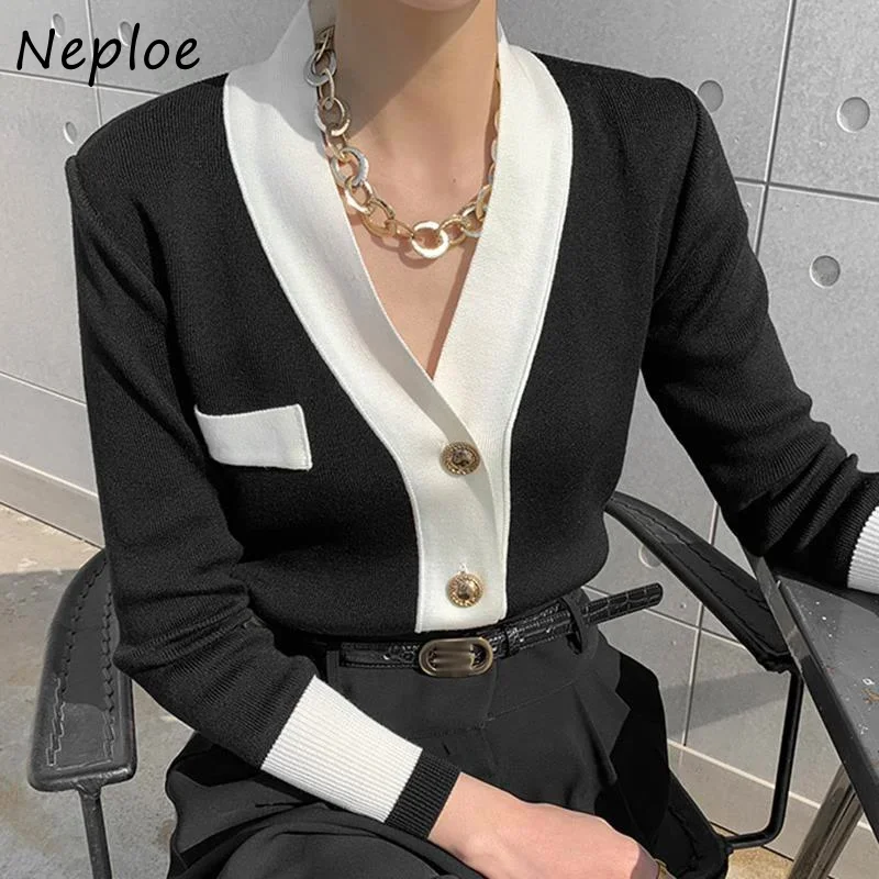 Neploe Hit Color Patchwork Knit Pullover Sweater Women V Neck Long Sleeve Pull Femme Spring 2024 New Ol Sueter Feminino