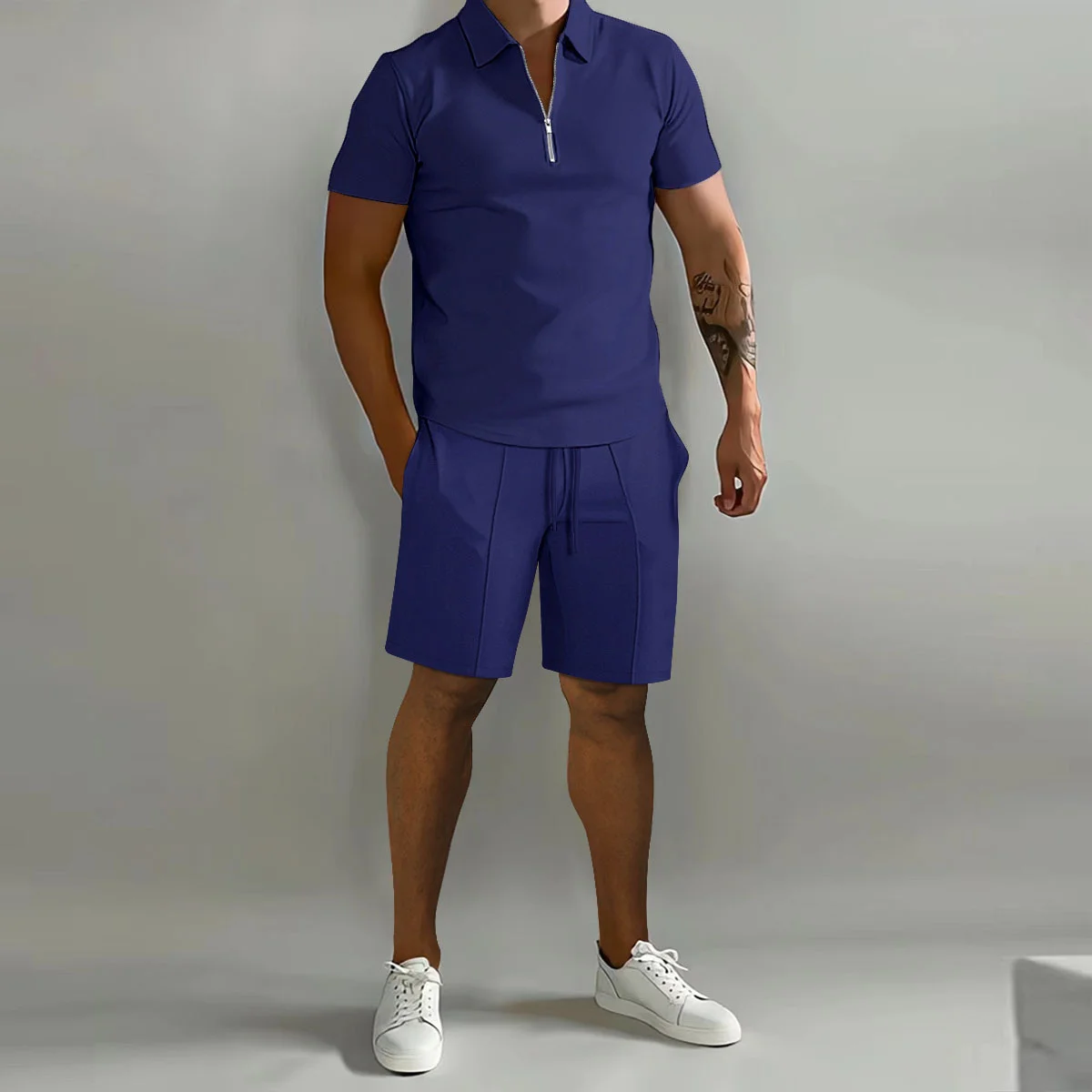 Summer Fashion New Men\'s Solid Color Zip-Up Lapel Polo short sleeve Shorts Outdoor Sports Leisure Lightweight Comfortable Suit