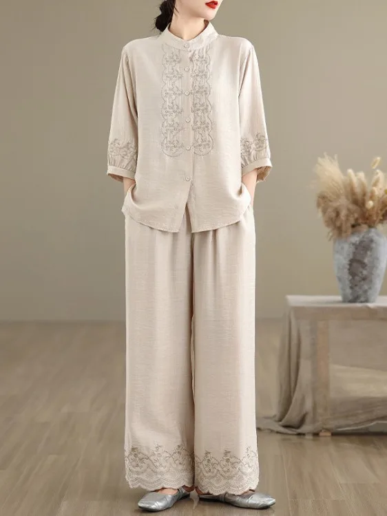 

Модный комплект из хлопка и льна с вышивкой, повседневные широкие брюки, женский костюм Seven Sve с воротником-стойкой и эластичной резинкой на талии