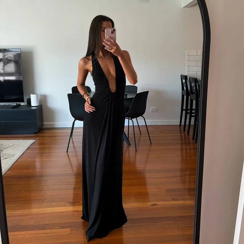 Schwarz Sexy Halter-Backless Langes Kleid Frauen Ärmel Bodycon Party Kleider Elegante Damen Sommer Strand Sommerkleid Vestidos