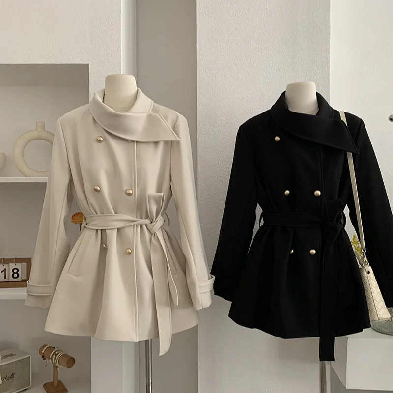 

Women temperament Scarf collar double-breasted trench coat autumn new model waist-cinching suit Basic casual style Ethereal ﻿
