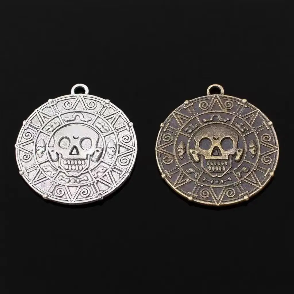 2 Pcs/Lot 43*39mm Pirate Coin Pendant Antique Silver/Bronze Plated Steampunk Necklace Charms Gothic Viking Jewelry Gift for Men
