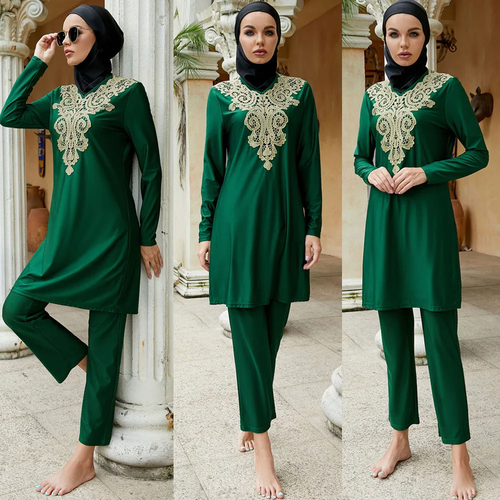 2022 Arrival Stylish Muslim Swimwear 3 Piece Long Robe Embroidery Swimming Hijab Suit Muslimah Hijab Swimsuit Islamic Swimwear