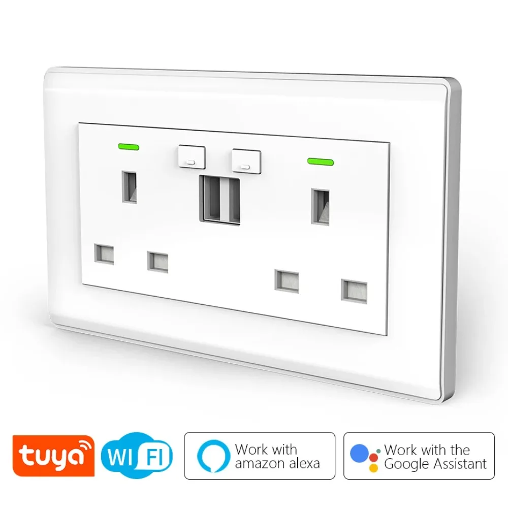 CBE UK Tuya WIFI Smart Wall Socket With USB Ports Charger 10A Remote Control Work with Alexa Google Home