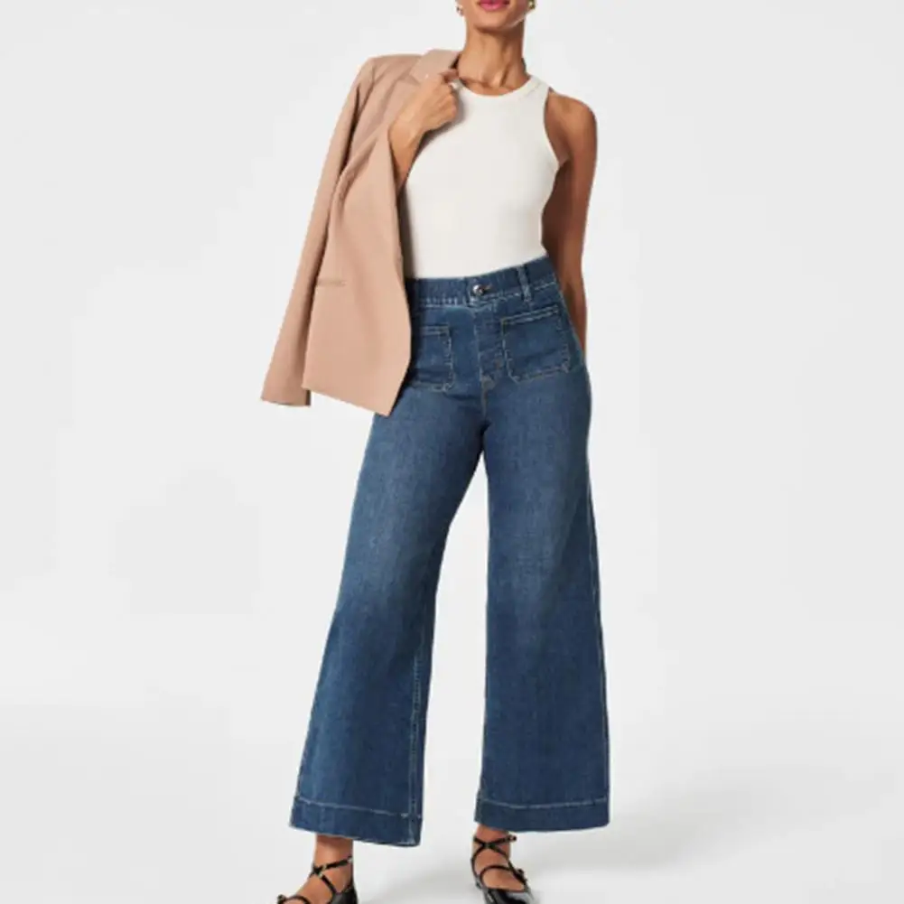 

High-waisted Denim Jeans Stylish High Waist Flared Hem Women's Jeans with Multiple Pockets Retro Ankle Length for Commute