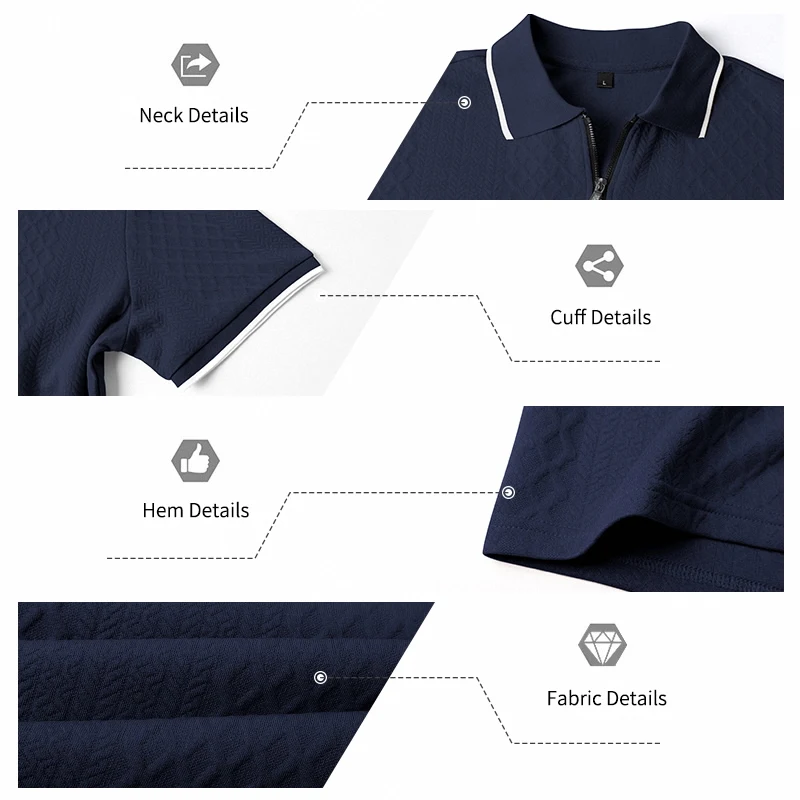 Sommer Herren Casual Business Kurzarm 9-Farben Jacquard 1/4 Reißverschluss Poloshirt | Strukturiertes Polo-Top mit Reißverschluss und kurzen Ärmeln – Detail 31