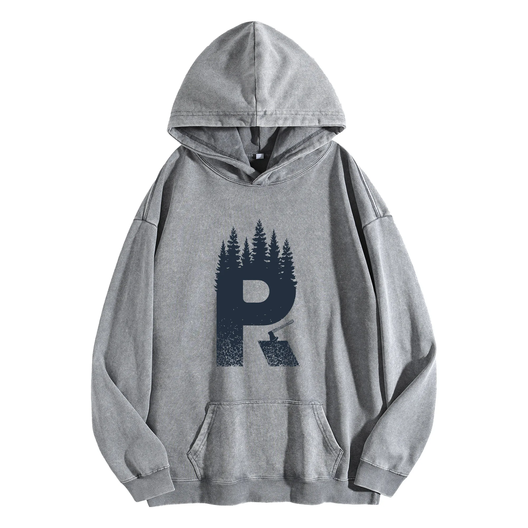 سترة بغطاء للرأس كلاسيكية مغسولة 400G مطبوعة برسومات Forest R للجنسين، بلوفر كبير الحجم، مجموعة الخريف/الشتاء #1