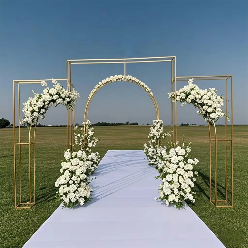 Goldener Hochzeitsbogenständer, Metallischer Hintergrundrahmen für Hochzeitszeremonie & Empfang, Blumendekoration für Innen- und Außenbereich – Detail 1