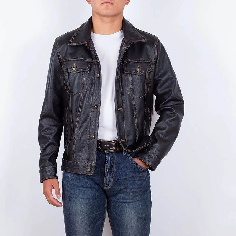 Shipping!!New Free Top Layer Cowhide Leather Jacket Men's Spring and Autumn Casual Cowboy and Slim Leather Jacket