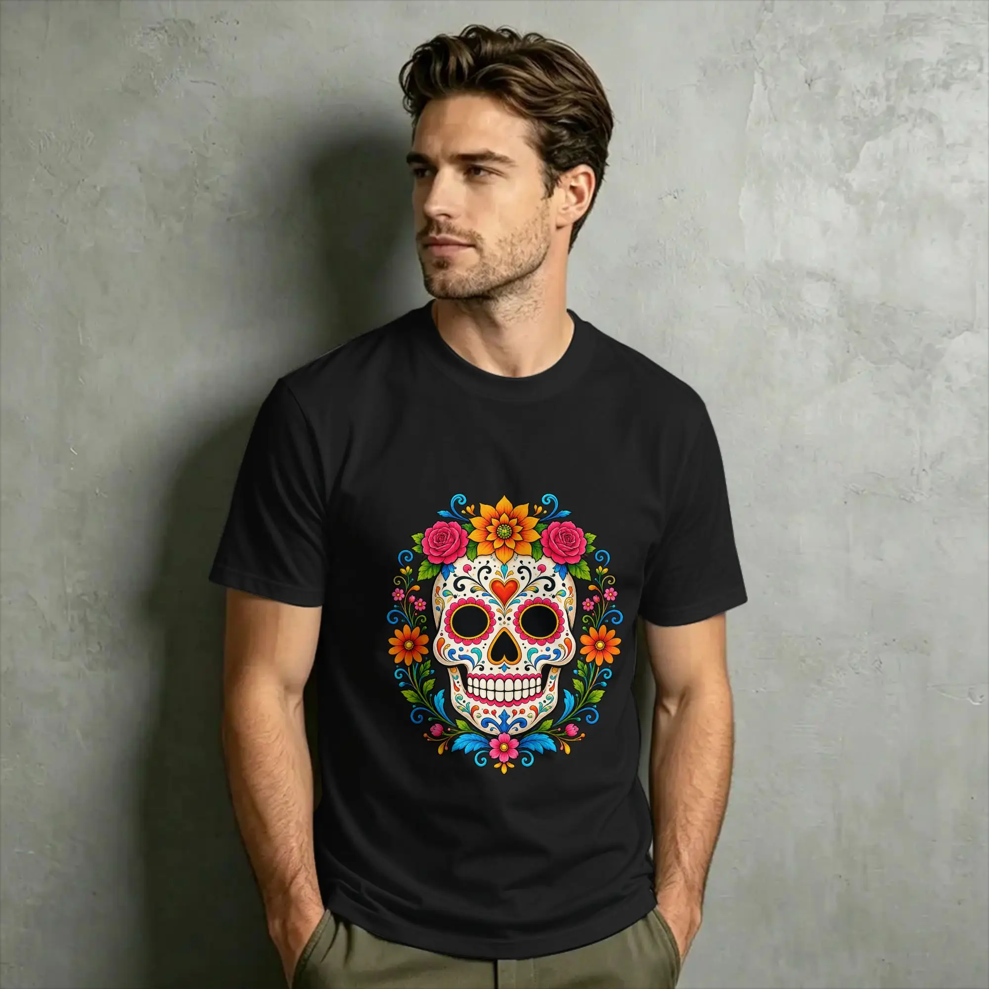 Men Dia De Los Muertos Sugar Skull Floral Halloween T Shirt  Cotton Clothes Short Sleeve Crew Neck Tee Shirt Printed T-Shirt