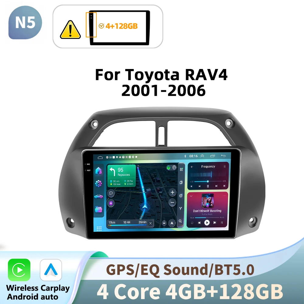 Podofo draadloze CarPlay voor Apple Android Auto autoradio voor Toyota RAV4 2001-2006 2din GPS multimedia touchscreen