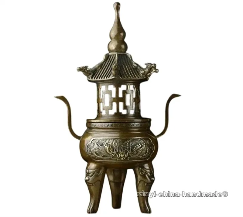 Old building Bronze copper lucky dragon Censers statue incense burners Signed