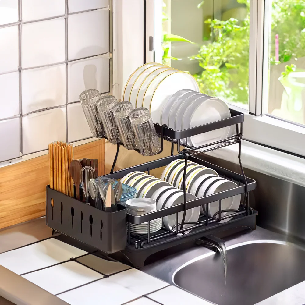 Black Dish Rack with Utensil Holder and Glass Holder