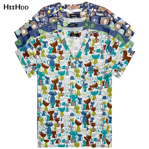 Imagen 1 del producto Uniforme de limpieza veterinaria de manga corta para hombres y mujeres, Top con cuello en V, Top de trabajo de moda, dibujos animados, clínica, farmacéutico, alta calidad, Verano