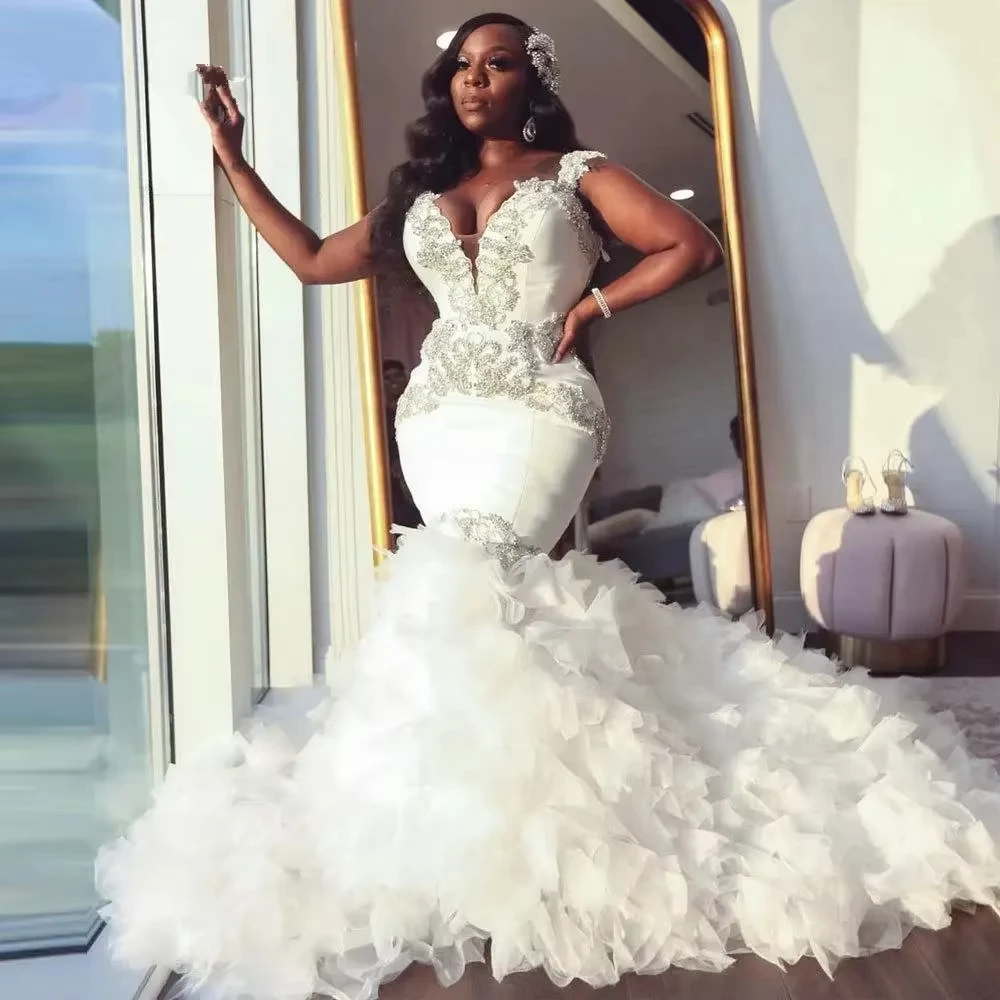 Customized African Mermaid Wedding Dress V Neck Ruffle Royal Train Beading Plus Size Pageant Formal Bridal Gown