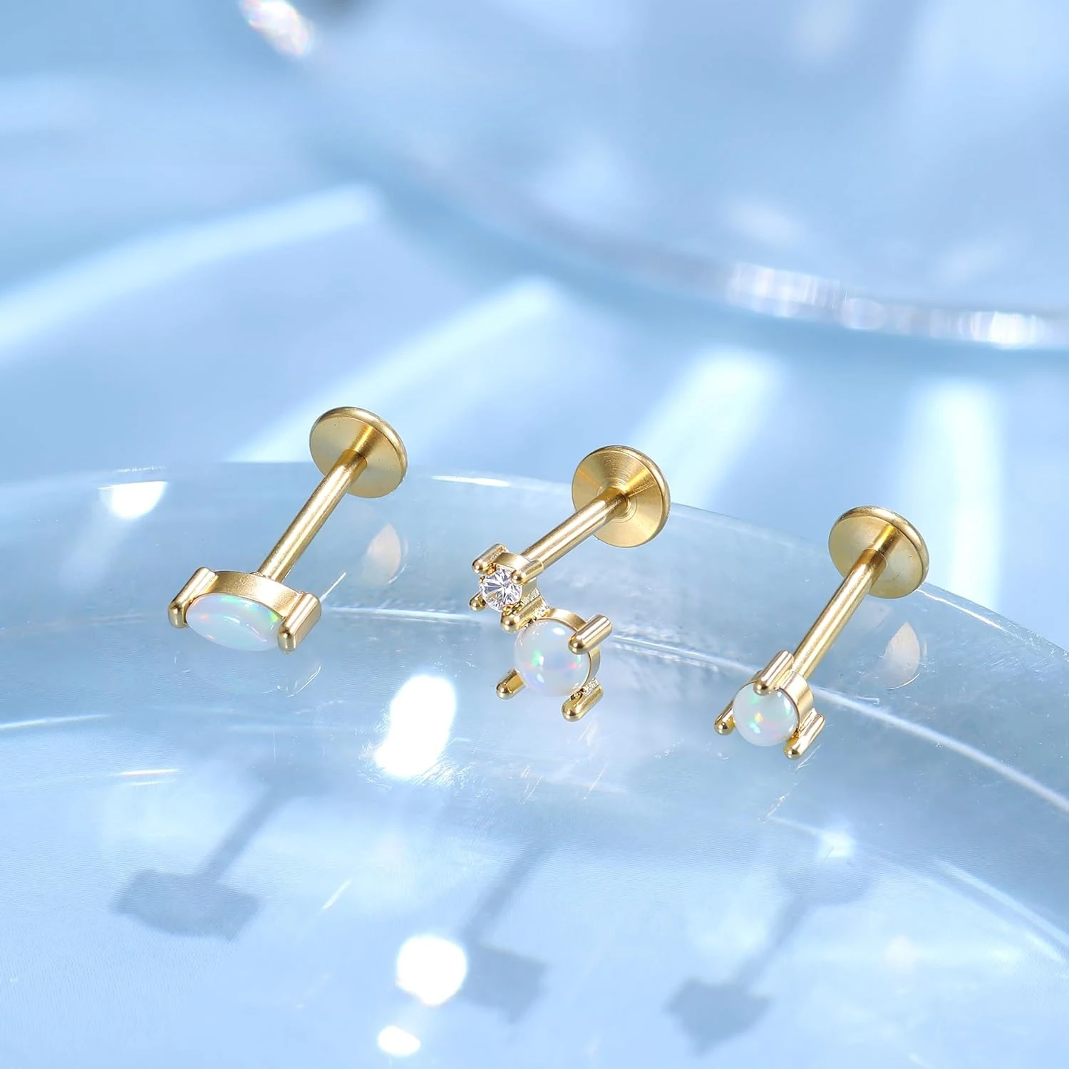 Florideco 3Pcs G23 Titanium Flat Back Earrings Studs 14K Gold Plated Opal Cartilage Helix Piercing Jewelry for Women Men 18G