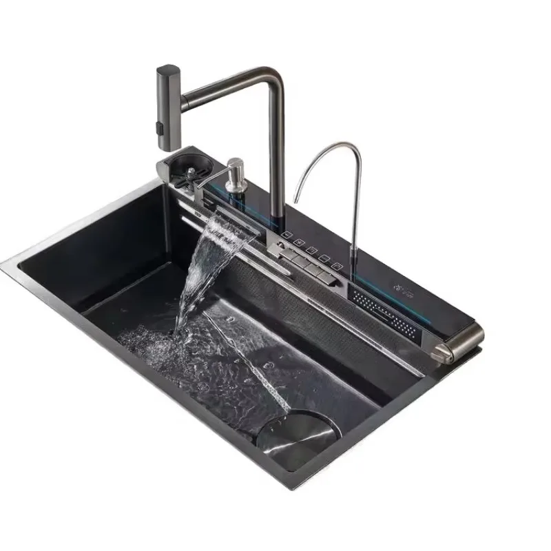 

High Quality Single Bowl Stainless Steel Kitchen Sink with Faucet Handmade Digital Display Waterfall Bottom Black Kitchen Sink
