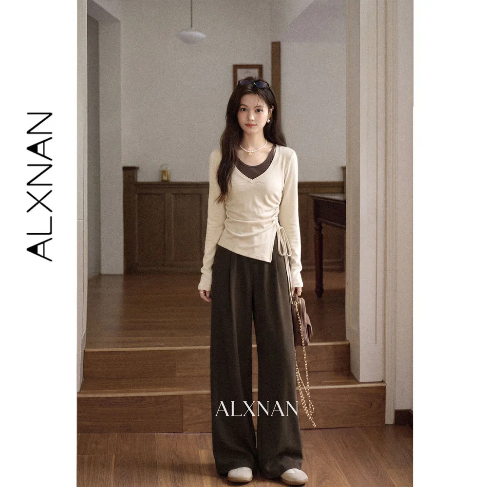 ALXNAN Two-piece Look T-shirt Women Autumn New V-neck Irregular Hem Long Sleeve Pullover 2026 Casual Female Top L678119A