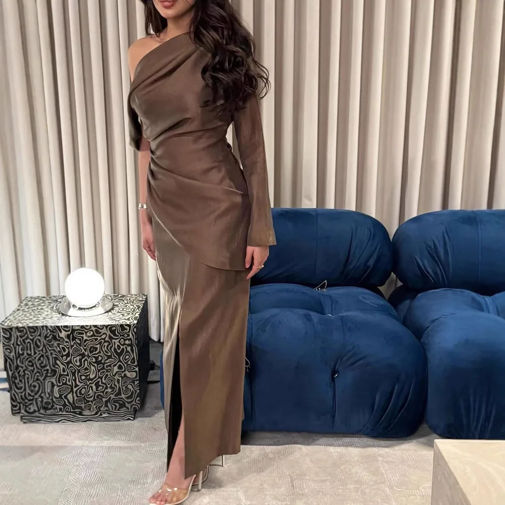 2026 Spring New Arrival American Vintage Elegant One Shoulder Ruched Slim Fit Split Dress Brown Fashion Minimalist Evening Gown