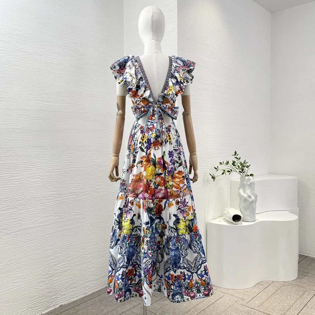 Cotton Shirred Multi-color 2024 New Sleeveless Diamonds Pressed Hollow Out Backless Self Bow Tie V-neck Women Midi Dress