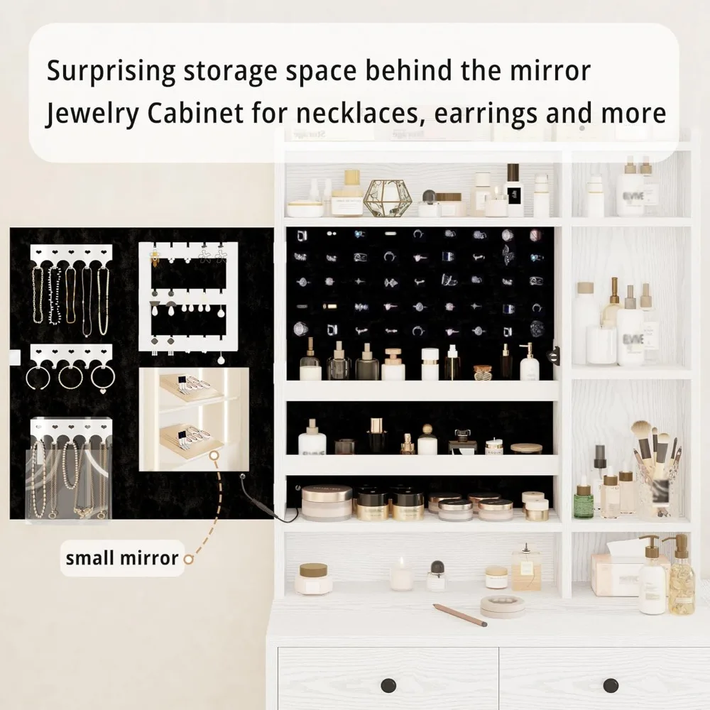 مكتب فانيتي مع مرآة وأضواء LED، خزانة مجوهرات، مجموعة طاولة تزيين المكياج مع أدراج، أرفف تخزين، لغرفة النوم، #2