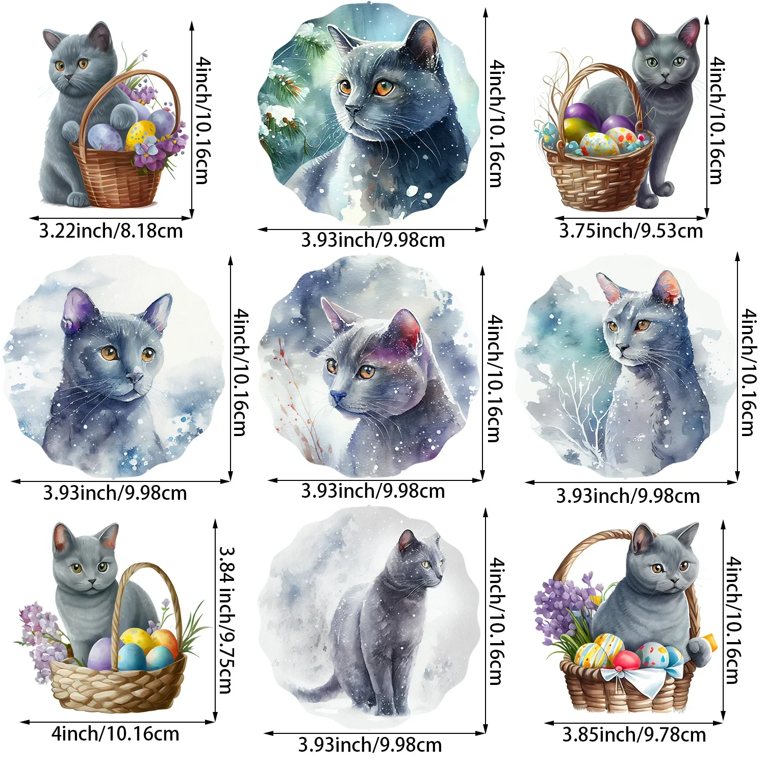 9-Pcs Snow Basket Cute Cat Iron-On Transfer Stickers,Design Decals Heat Pressed Decals,for DIY Clothing denim heat transfer film