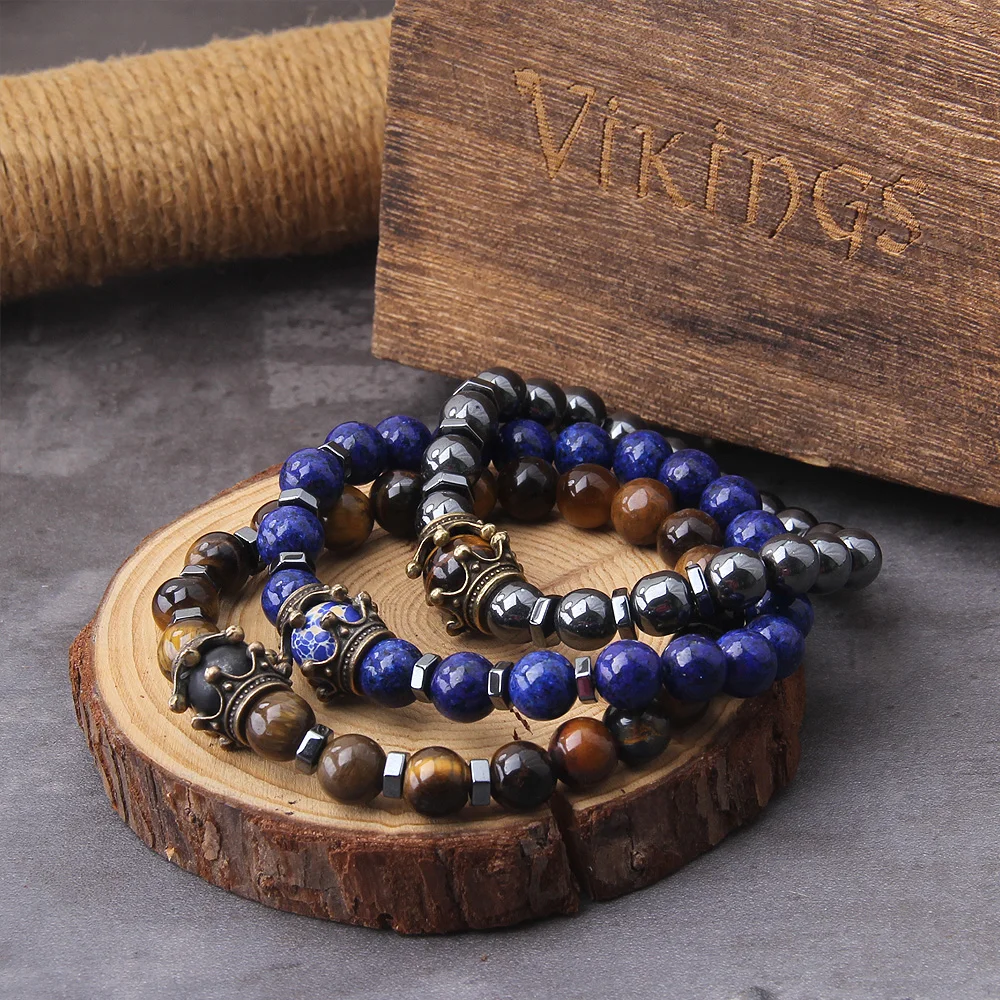 Natural Tiger Eye Men Bracelets Luxury Crown Stone Beads Charm Antique Bracelet Jewelry Gift with wooden box