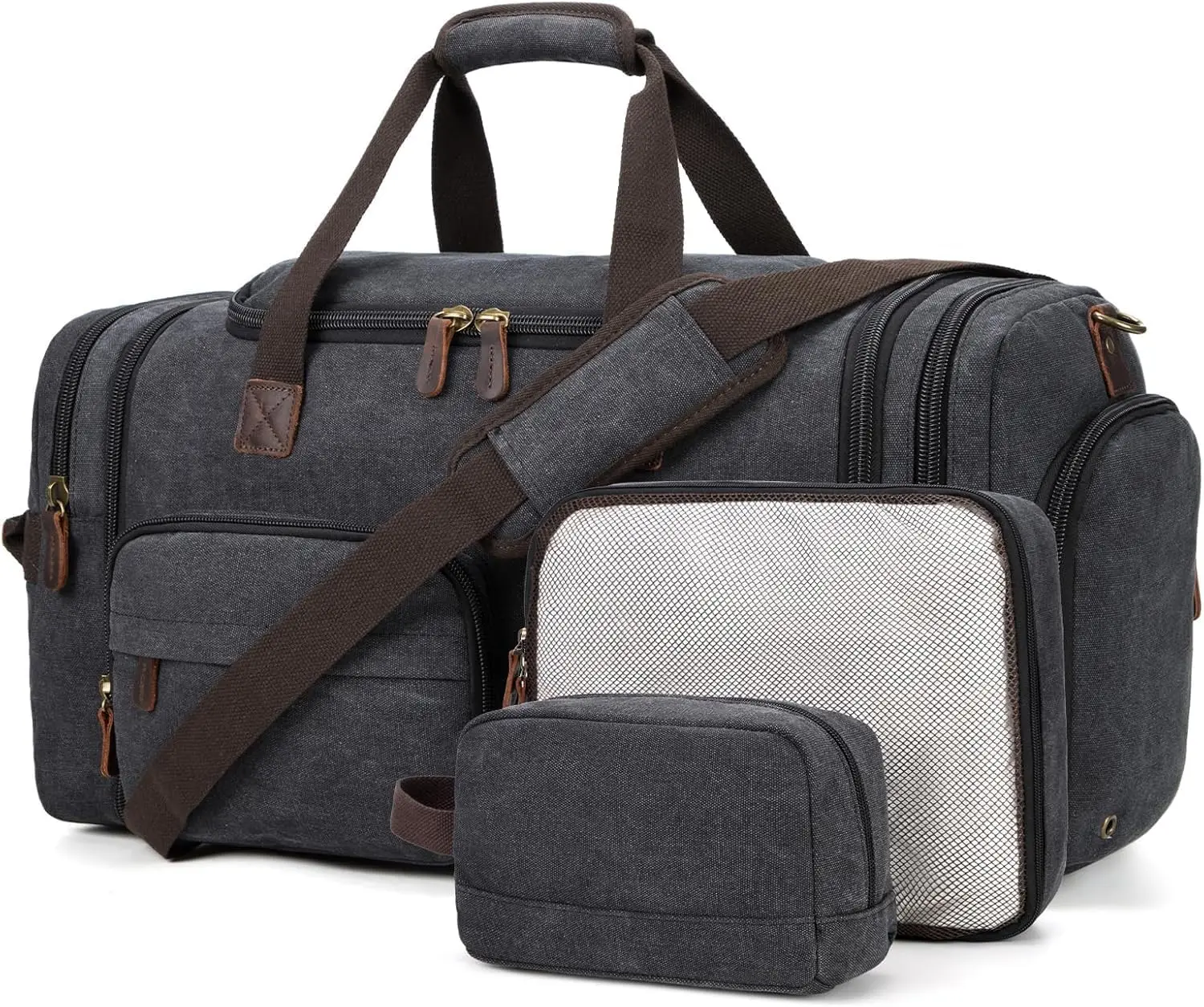 Bolsa de lona expandible para hombre de 60 litros con compartimento para zapatos: fin de semana de viaje gris oscuro para equipaje de mano en avión