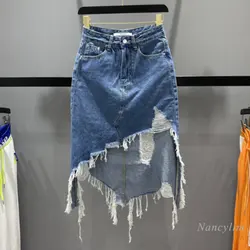 Irregular Denim Skirt Women 2026 Spring Summer New Ripped Tassel Mid-Length Slimming Hip Skirts Fashion Street Jeans Faldas