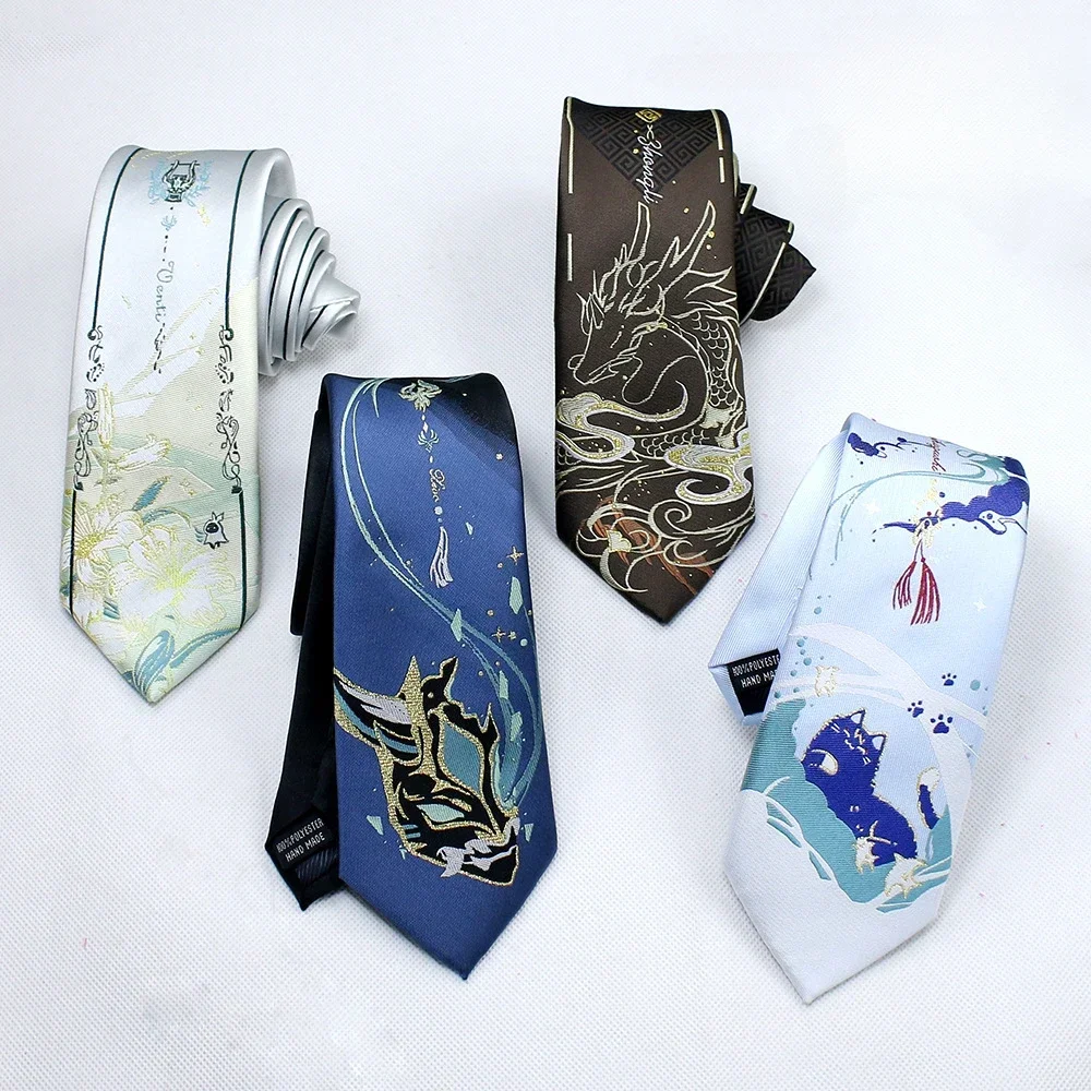 Game Genshin Impact Xiao Venti Zhongli Tie Cosplay JK Uniform Embroidery Neck Tie Unisex Costume Accessories Gifts