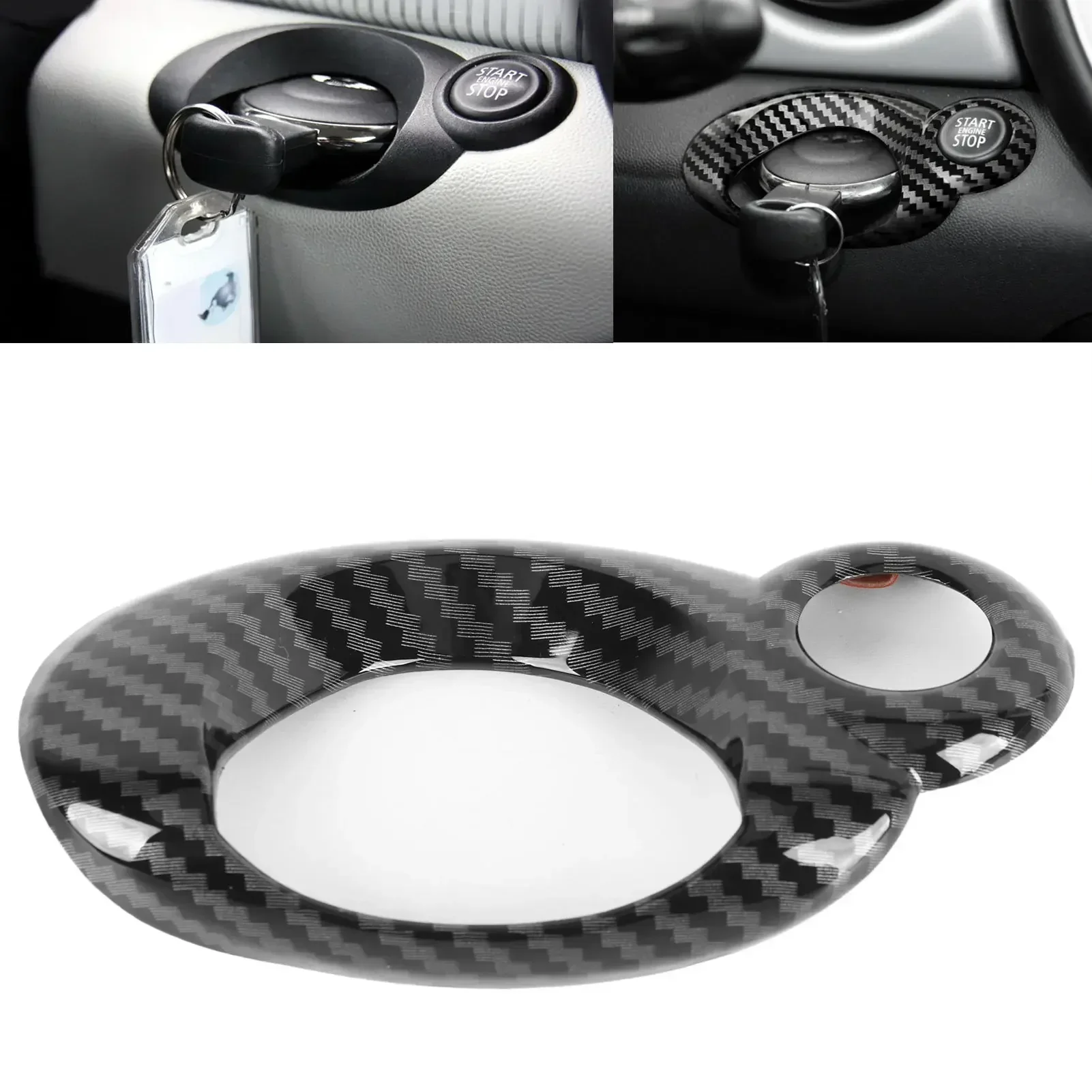 Carro Interruptor de ignição Chave Iniciar Guarnição Adesivo, ABS Black Carbon Fiber Pattern, Car Styling Interior para Mini Cooper R54 R56