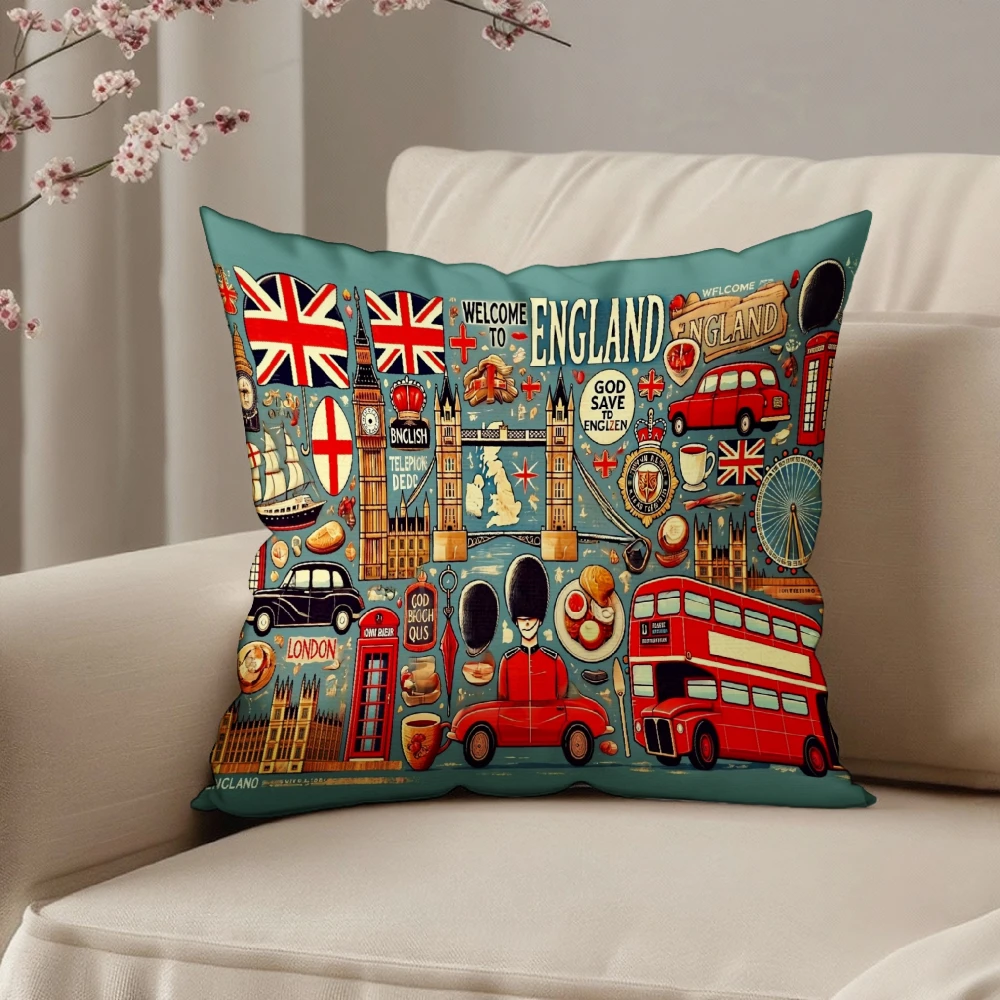 Square Throw Pillow Case Teal England London Landmarks Union Jack Red Bus Big Ben Print For Living Room Bedroom Sofa Chair Decor