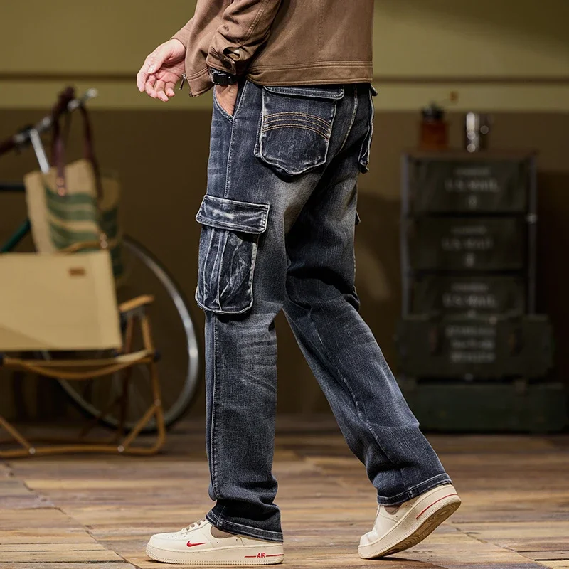 2025 Herren neue elastische amerikanische Retro-Multi-Pocket-Arbeiter für Denim-Herrenhosen, lockere, große, dreifarbige Hosen