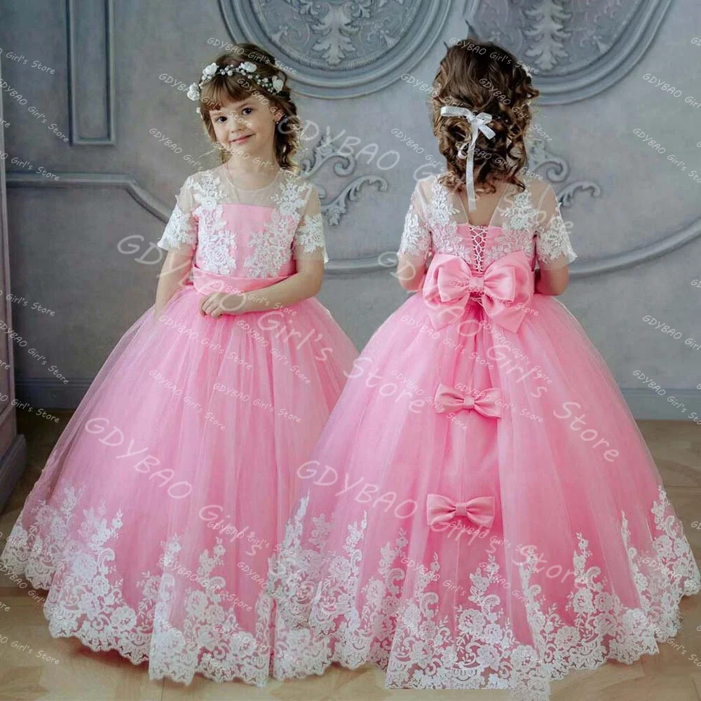 Customized Pink First Communion Dress Kids Lace Appliques Flower Girl Dress for Wedding Toddlers Princess Pageant Birthday Gown