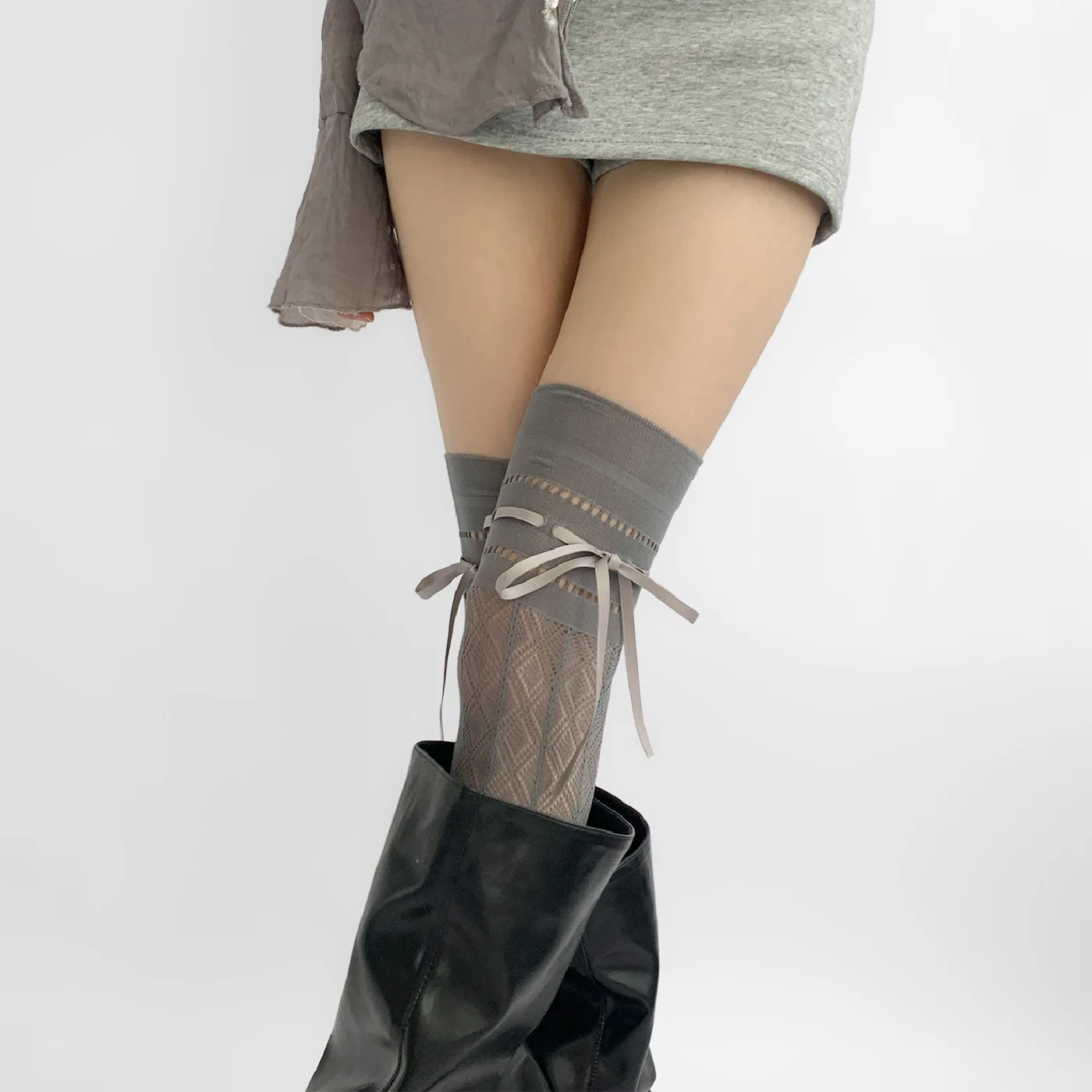 リボンオーバーレイストッキング おしゃれなオーバーニーレースソックス ニットコットンロングソックス 肌に優しいレースニーハイソックス