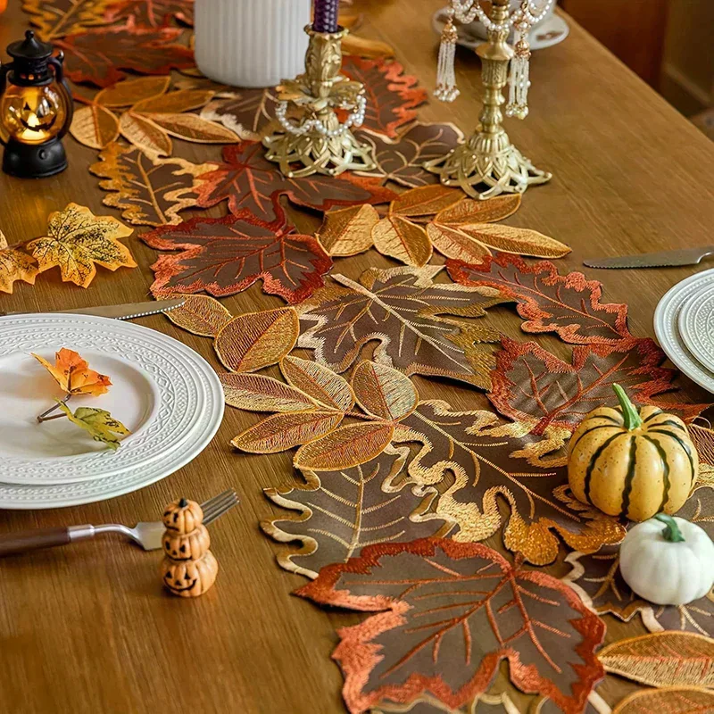 1pc Autumn Maple Leaf Embroidered Table Runner, Flocked Brown Maple Design, Rustic Farmhouse Thanksgiving Harves
