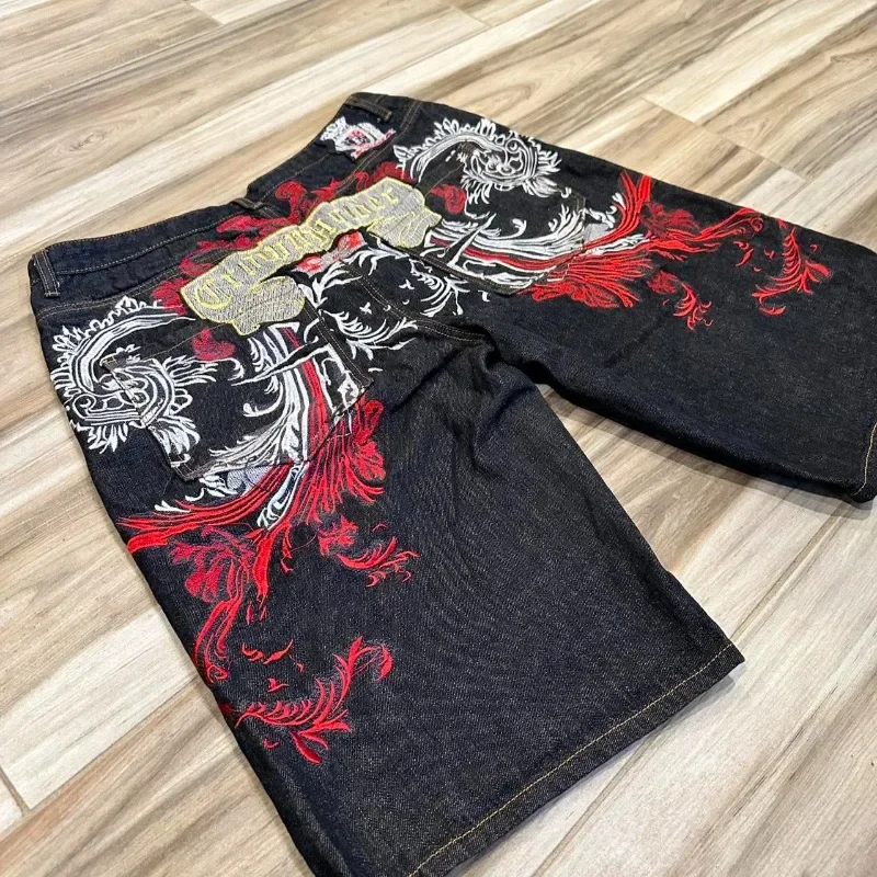 Y2k americano novo alfabeto gótico bordado baggy denim shorts feminino harajuku retro hip hop popular cintura alta shorts de perna larga