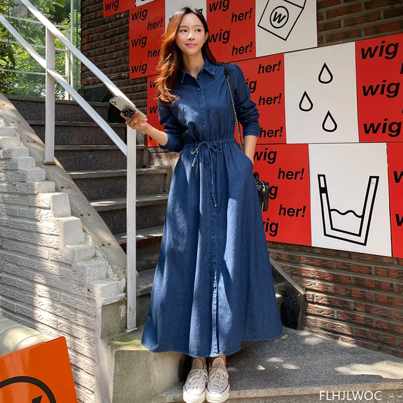 Denim Dresses New Autumn Woman Casual Cute Korea Chic Style Girls Retro Vintage Cotton Jeans Blue Button Long Maxi Shirt Dress