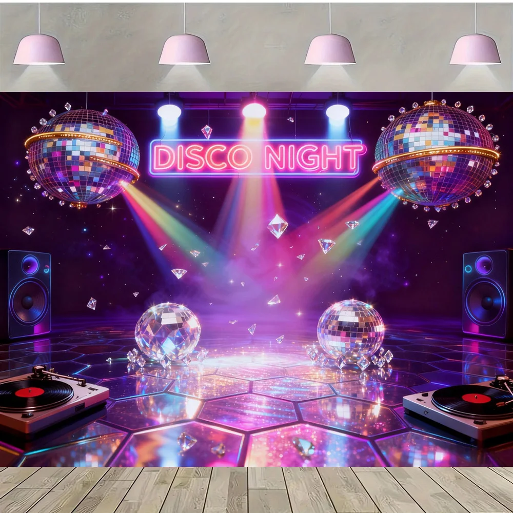 Happy Birthday Disco Night Design Vinyl Backdrop Background with Disco Ball Neon Lights Diamond Decor Turntable