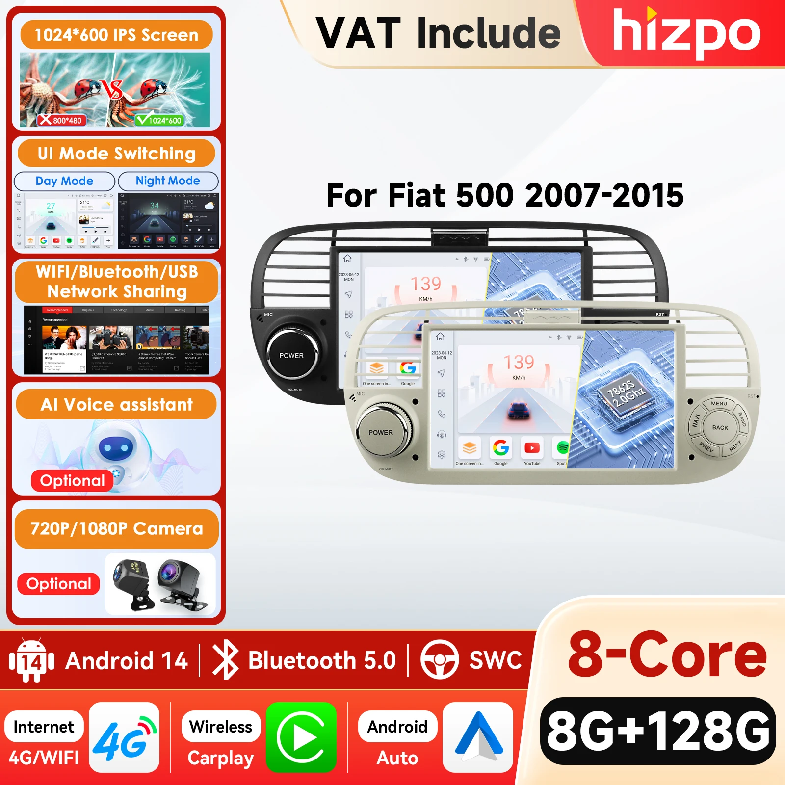 Autoradio Android 14 con Schermo Touch HD da 7 Pollici per FIAT 500, GPS, DSP, WIFI, 4G, Bluetooth, Controllo al Volante, Stereo