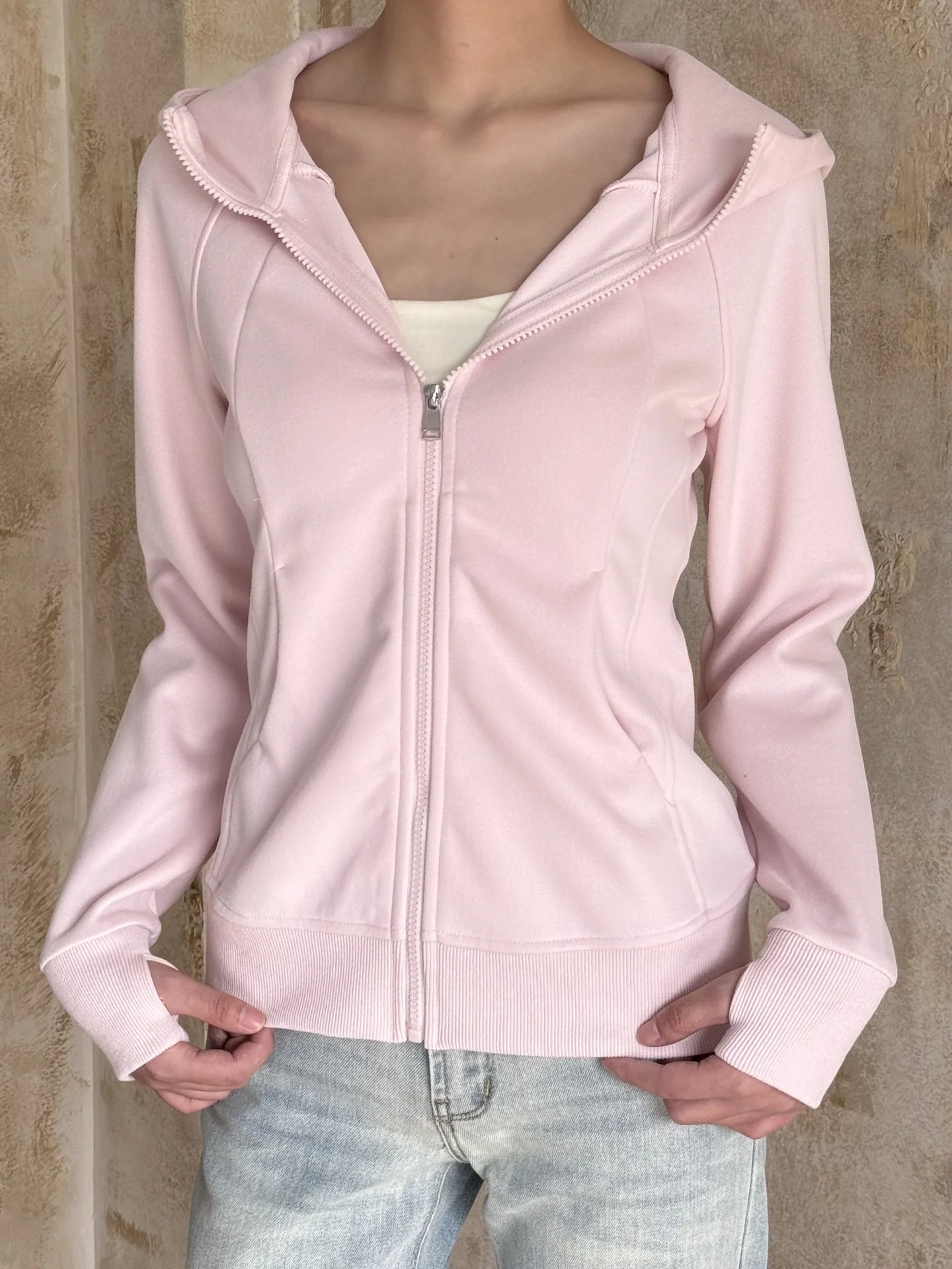 

VintageTang Pink Slim Fit Hoodie Jaet Women's Spring Autumn ort Sport Open Cardigan Street Sle Cotton Polyester
