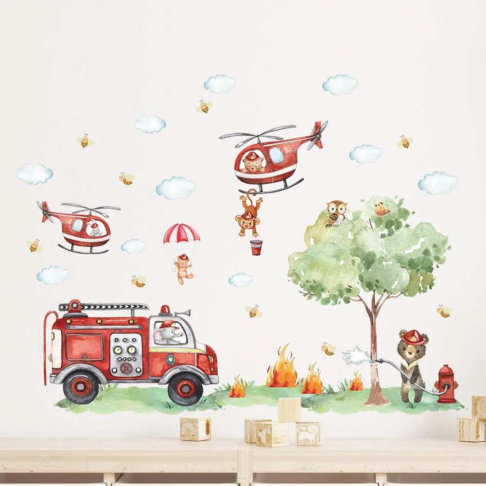 

Cartoon A GrouCartoon Animal Fireman Helicopter Fire Truck Wall Stickers for Kids Room Bedroom Nursery Decoration Wall Decals