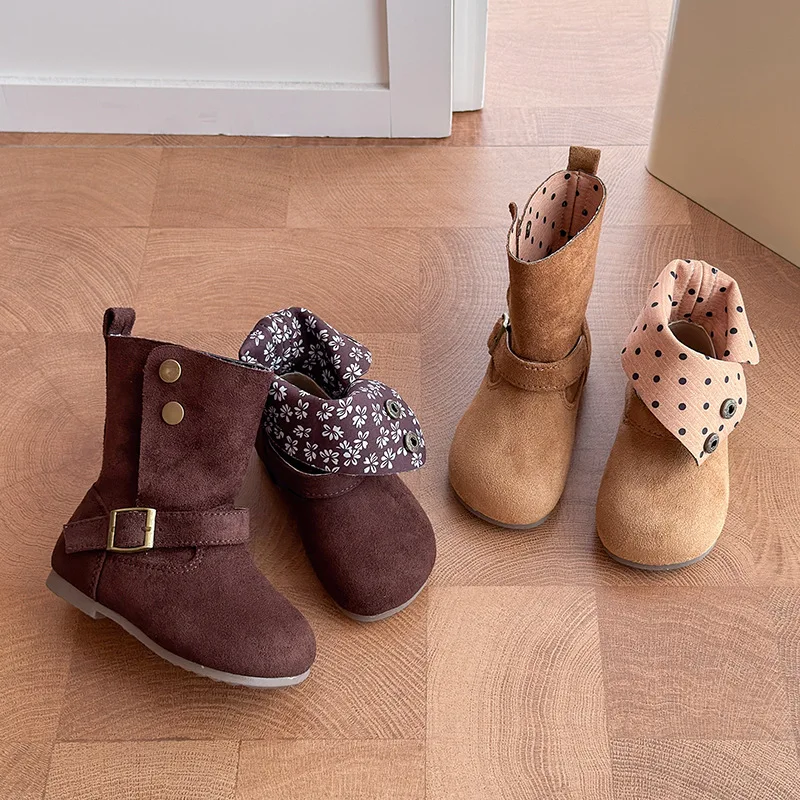Fashion Baby Girl Retro Solid Short Boots Infant Toddler Child Spring Autumn Winter Mid-calf Platform Shoes Foldable Baby Shoes