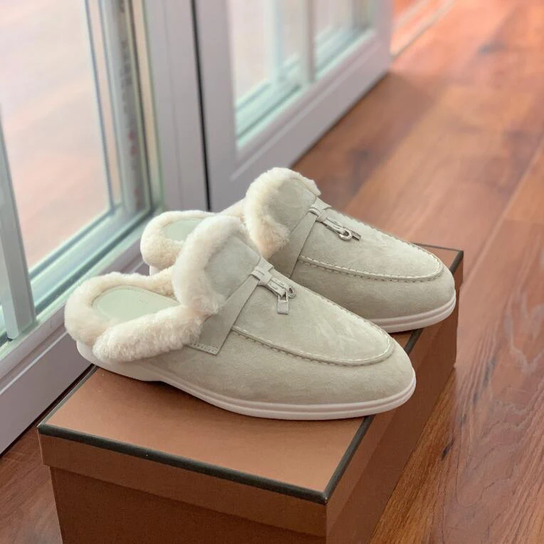 Metal Lock Half Slippers Women Sheepskin Suede Wool Warm Autumn Winter Slip on Women Mules Round Toe Casual Slides Women Shoe