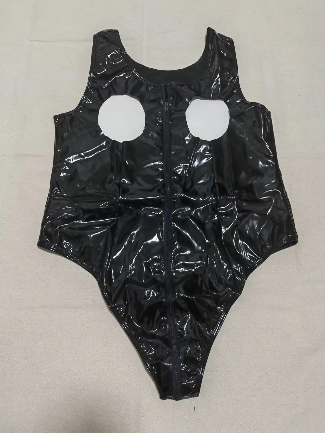 S-4XL Hollow Out Wet Look PVC Catsuit Shiny PU Leather Zipper Crotch Bodysuit Tights Tank Body Teddies Swimsuit Sukumizu Leotard