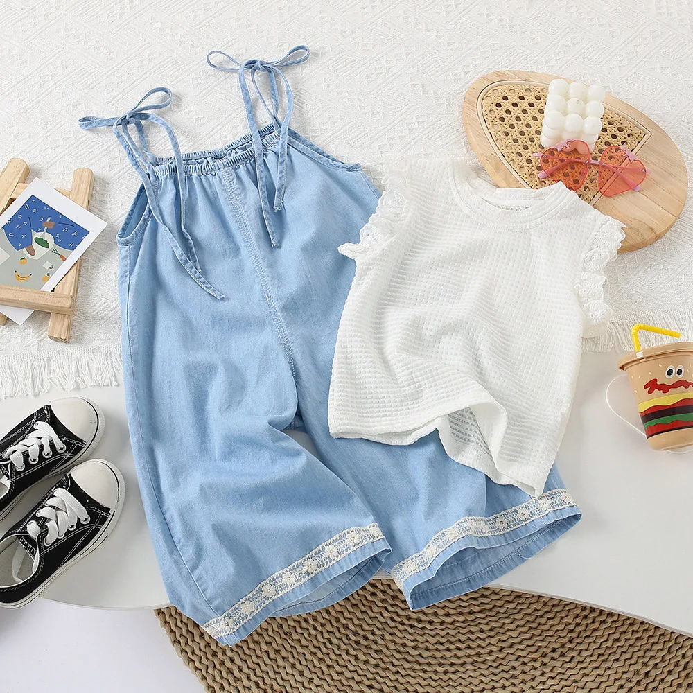 

Girls Straps Denim Pants Overalls Suit Summer Kids Girl T-shirt Tops+Thin Loose Suspender Trousers 2Pcs Children Clothes Sets