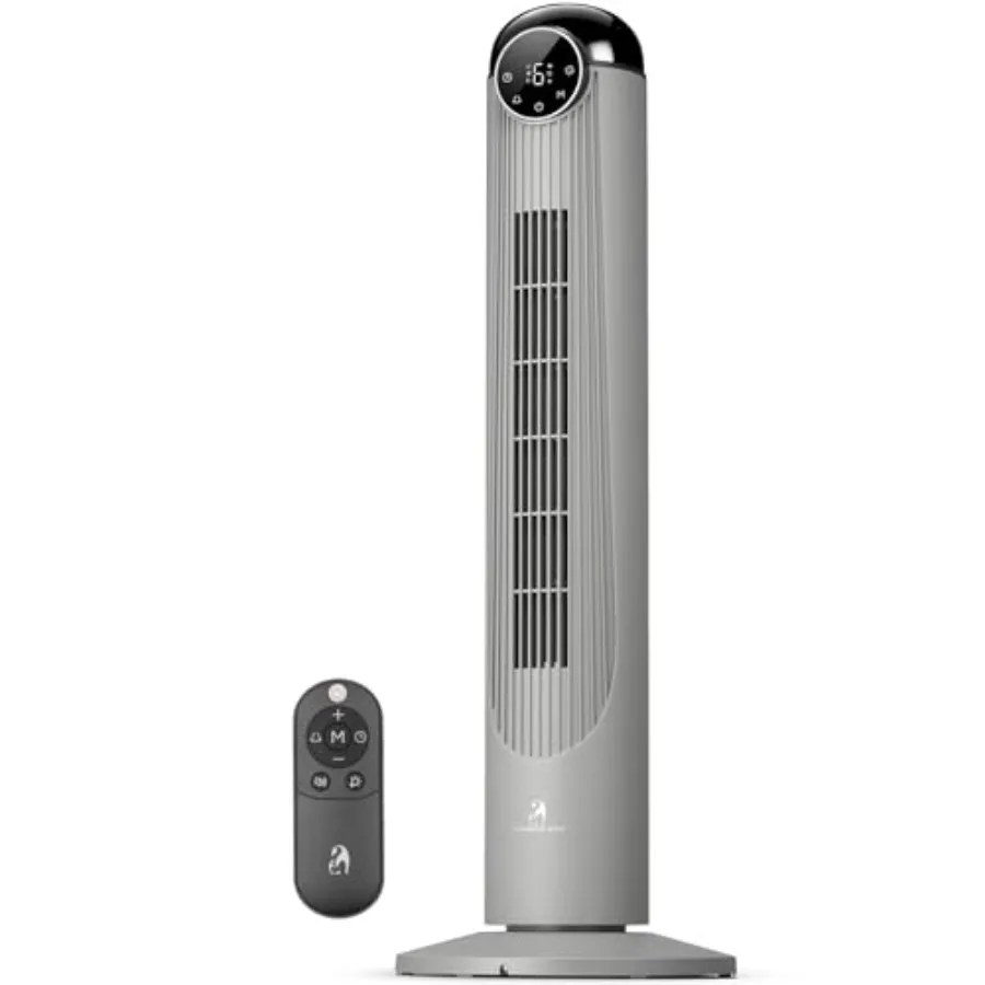 Tower fan for bedroom living room office, grey bladeless plastic with quiet operation, 36 inch height, 6 speeds and 4 modes, os