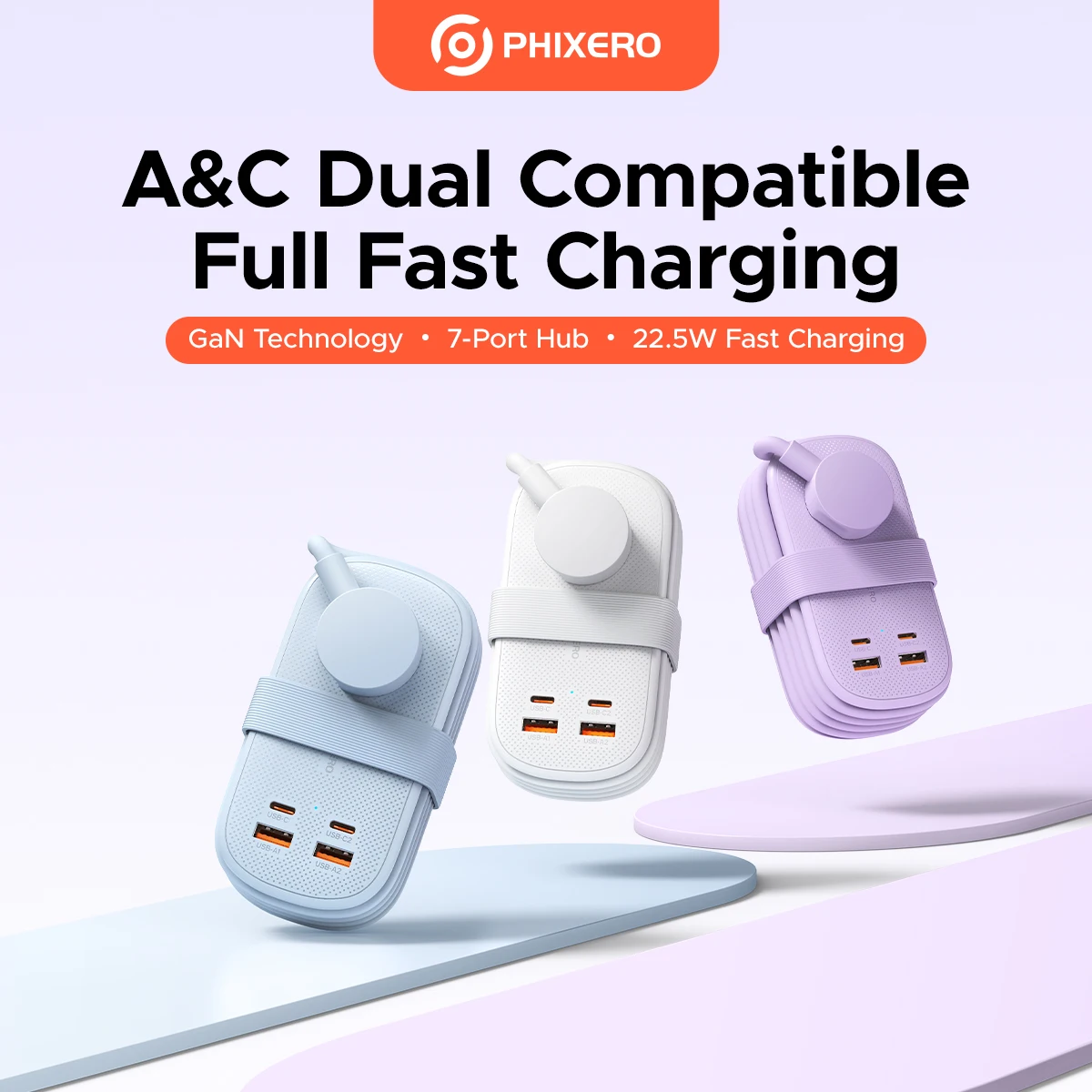 PHIXERO Portable GaN Power Strip 22W Fast Charger 7‑Outlets US Travel Extension Socket for Trip Dorm Home Office Bedside