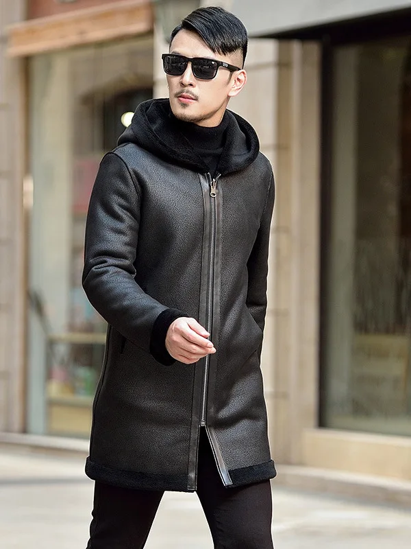 

Haining Double-Sided Wear Wool Fur Jaet Men's Winter Warm Leather Coat Middle-Length earling Lamb Fur Inteated Coat