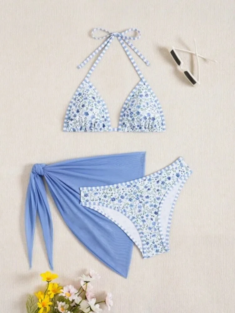2026年夏新作 ロマンチックな花柄ビキニセット 3点セット カバーアップ付き バケーション用 三角ビキニセット ホリデービーチウェア